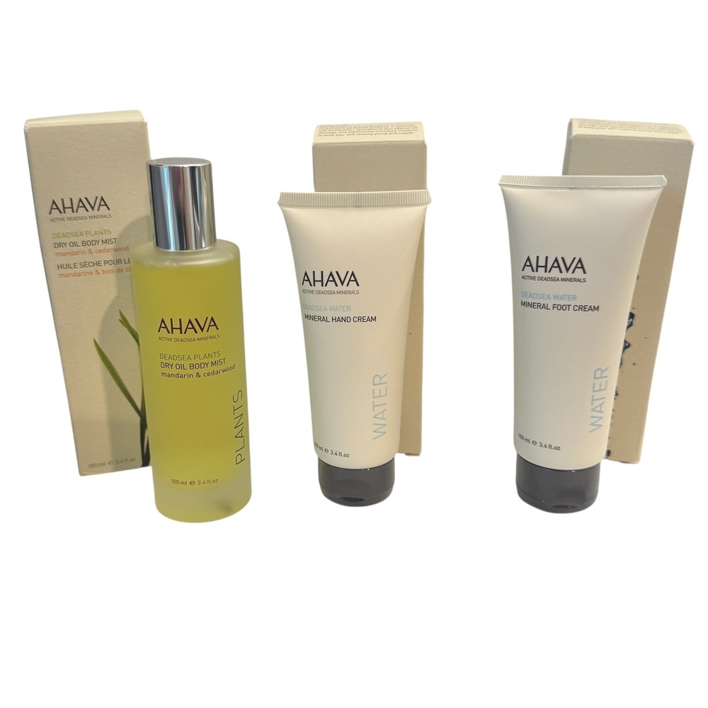 AHAVA Dead Sea Minerals 3pc Set Dry Oil Body Mist Hand & Foot Cream with Bag